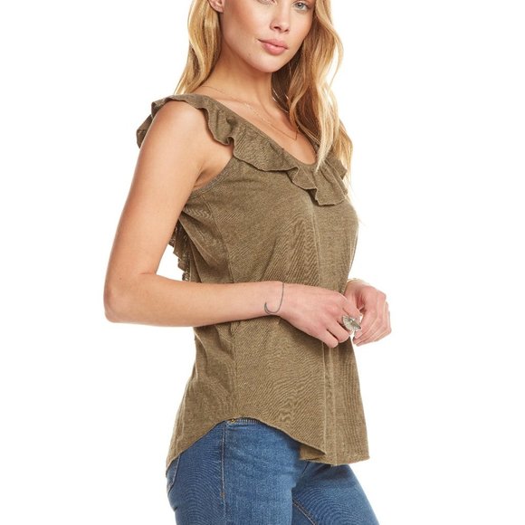Chaser VINTAGE TRIBLEND  RUFFLE CROSS BACK Top Sage - Picture 1 of 2
